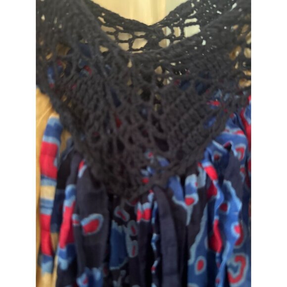 Jessica Bloom Boho Style House Dress Crochet Neckline & Pleated Design Blue Tan - Picture 4 of 6